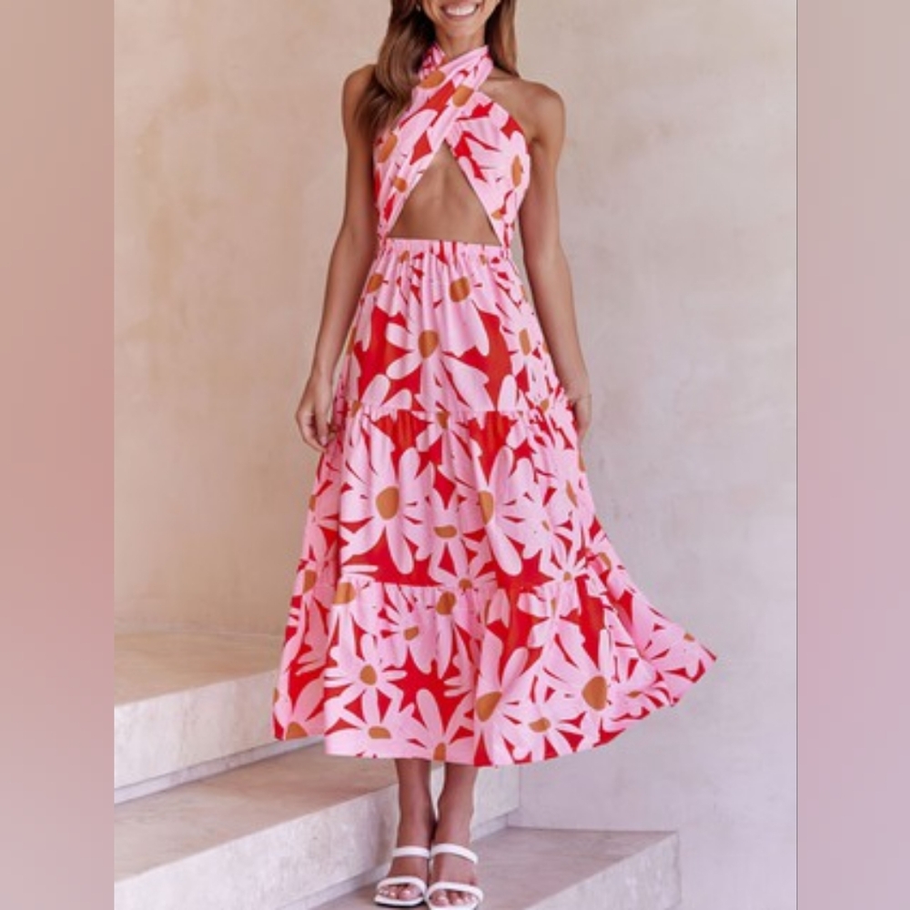 Pink Floral Wrap Halter Dress